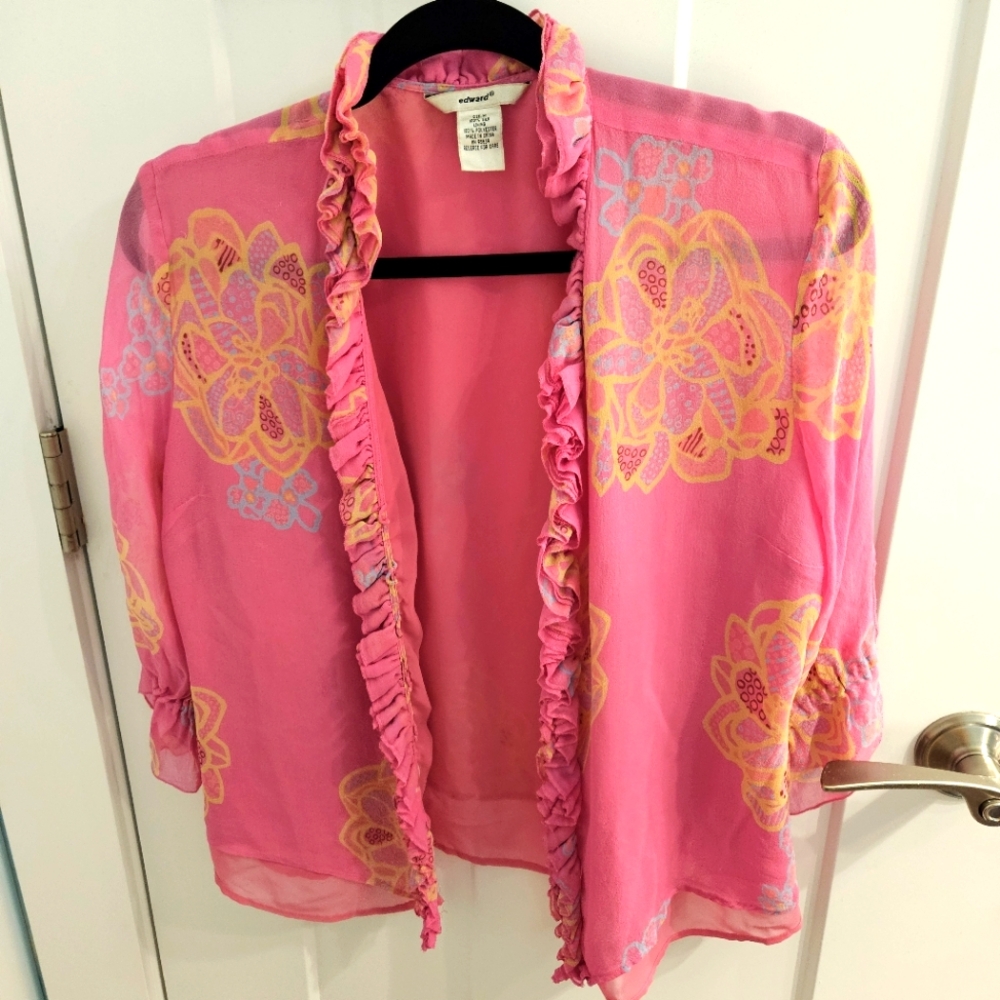 Vintage Edward Pink Floral Ruffle Cardigan